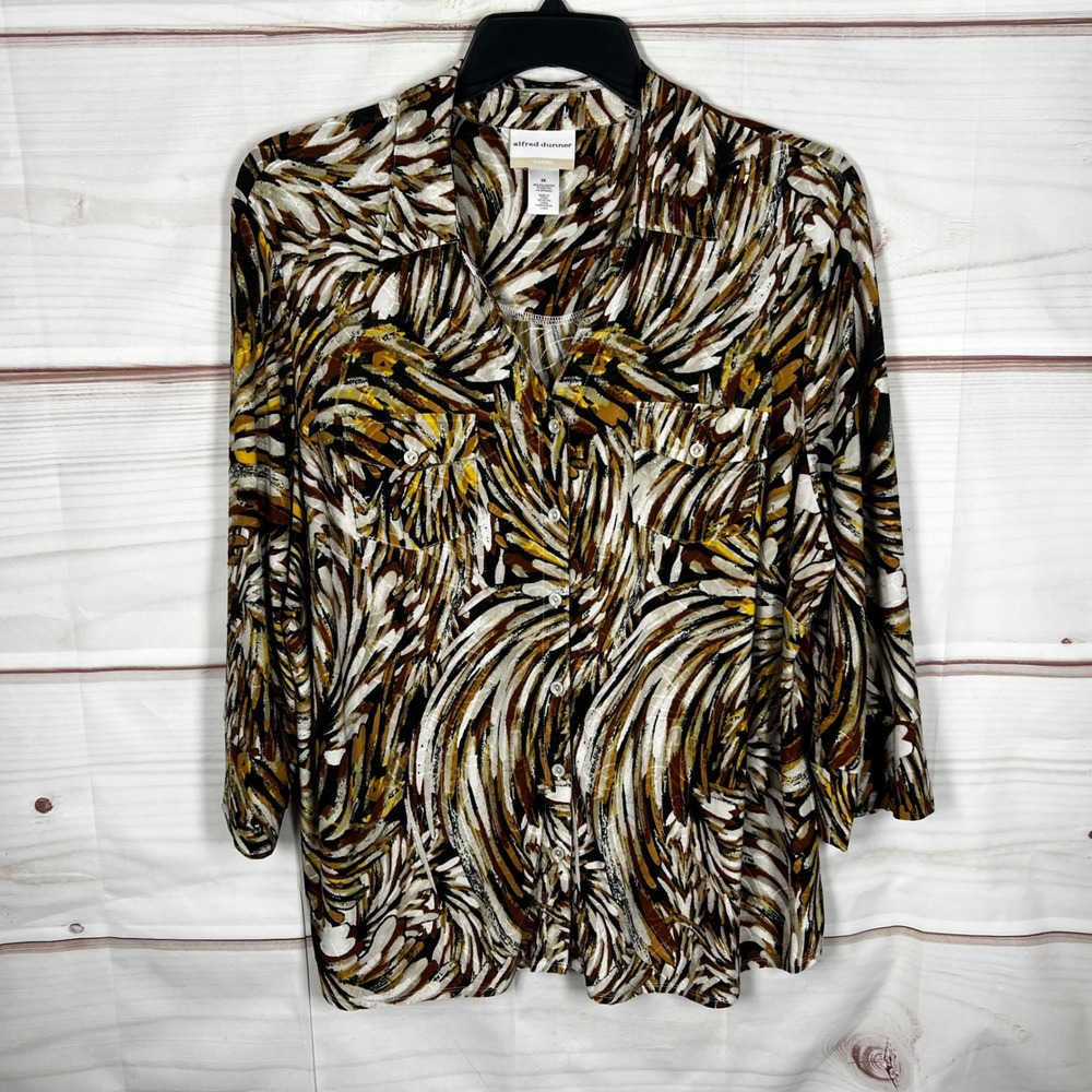 Alfred Dunner Button Up Shirt Womens 2X Brown‎ Abstract Textured 3/4 Sleeve Top